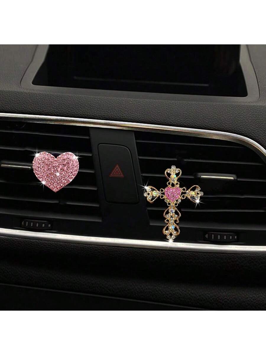 2pcs Rhinestone Heart & Cross Car Air Vent Aromatherapy Clip Decor, Car Interior Ornament, Car Air Conditioner Fragrance Accessory