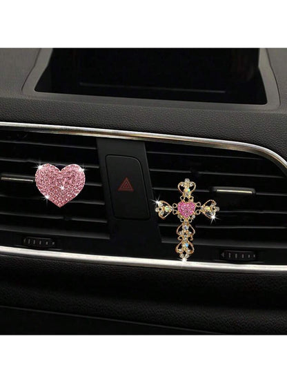 2pcs Rhinestone Heart & Cross Car Air Vent Aromatherapy Clip Decor, Car Interior Ornament, Car Air Conditioner Fragrance Accessory
