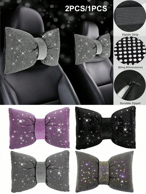 2pcs/Set 1pc Shiny Car Pillow- Car Headrest Bow Neck Support Pillow, Suitable For Drivers, With Rhinestone Bow Neck Support Cushion, Sleep Travel Neck Support Pillow, Suitable Rhinestone Car Interior