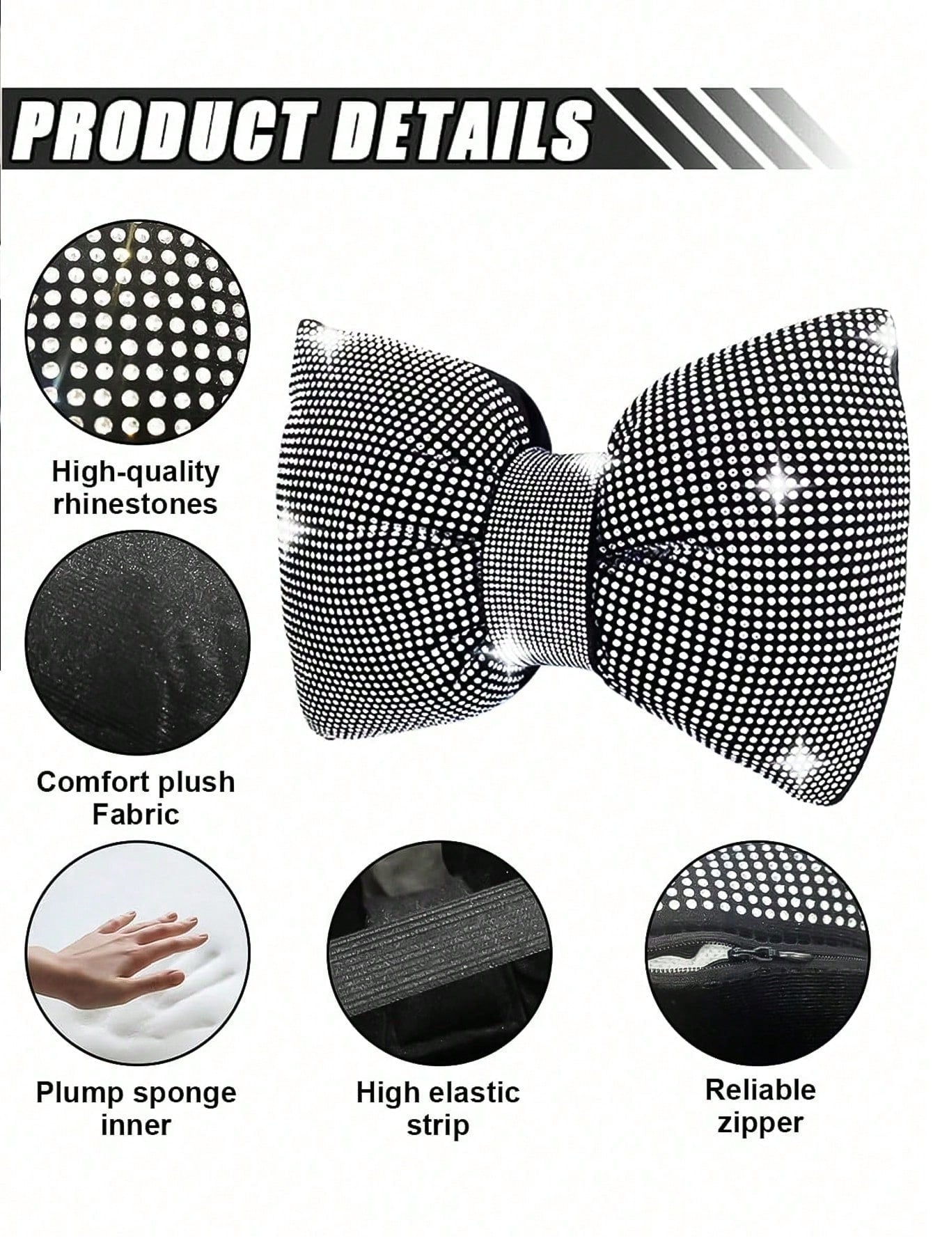 2pcs/Set 1pc Shiny Car Pillow- Car Headrest Bow Neck Support Pillow, Suitable For Drivers, With Rhinestone Bow Neck Support Cushion, Sleep Travel Neck Support Pillow, Suitable Rhinestone Car Interior