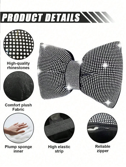 2pcs/Set 1pc Shiny Car Pillow- Car Headrest Bow Neck Support Pillow, Suitable For Drivers, With Rhinestone Bow Neck Support Cushion, Sleep Travel Neck Support Pillow, Suitable Rhinestone Car Interior