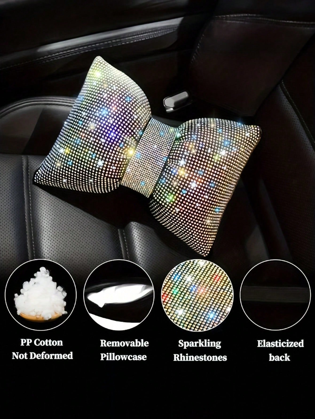 2pcs/Set 1pc Shiny Car Pillow- Car Headrest Bow Neck Support Pillow, Suitable For Drivers, With Rhinestone Bow Neck Support Cushion, Sleep Travel Neck Support Pillow, Suitable Rhinestone Car Interior
