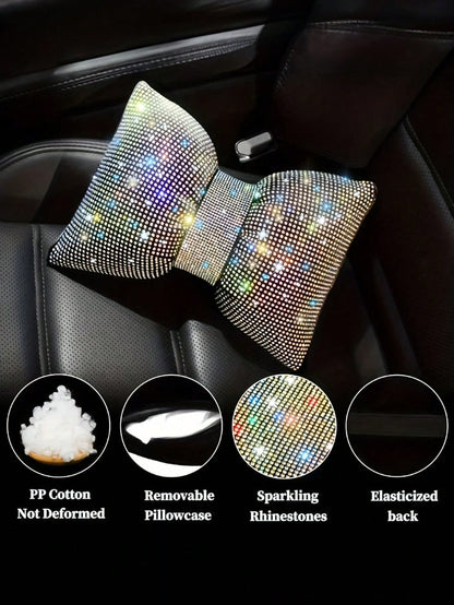 2pcs/Set 1pc Shiny Car Pillow- Car Headrest Bow Neck Support Pillow, Suitable For Drivers, With Rhinestone Bow Neck Support Cushion, Sleep Travel Neck Support Pillow, Suitable Rhinestone Car Interior