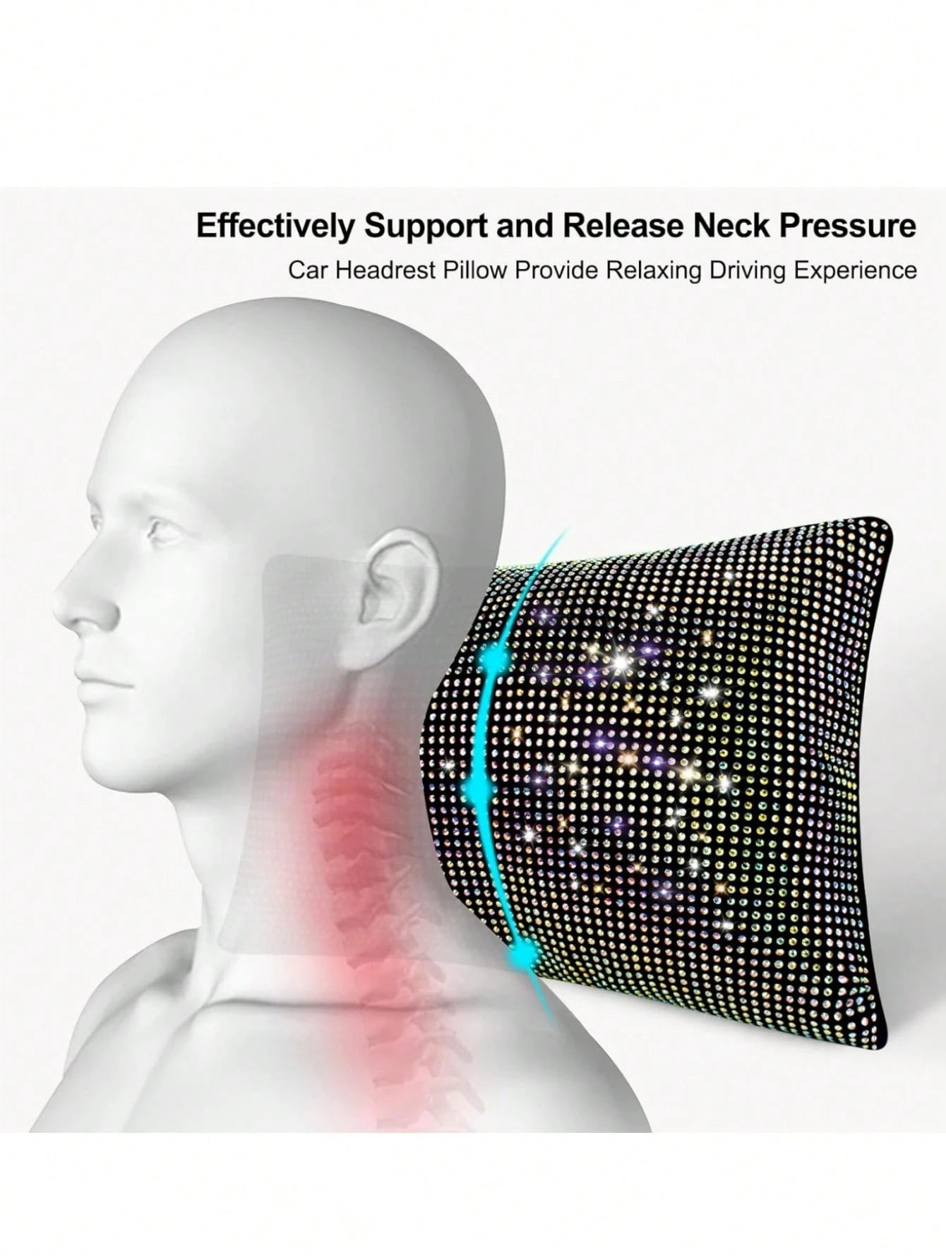2pcs/Set 1pc Shiny Car Pillow- Car Headrest Bow Neck Support Pillow, Suitable For Drivers, With Rhinestone Bow Neck Support Cushion, Sleep Travel Neck Support Pillow, Suitable Rhinestone Car Interior