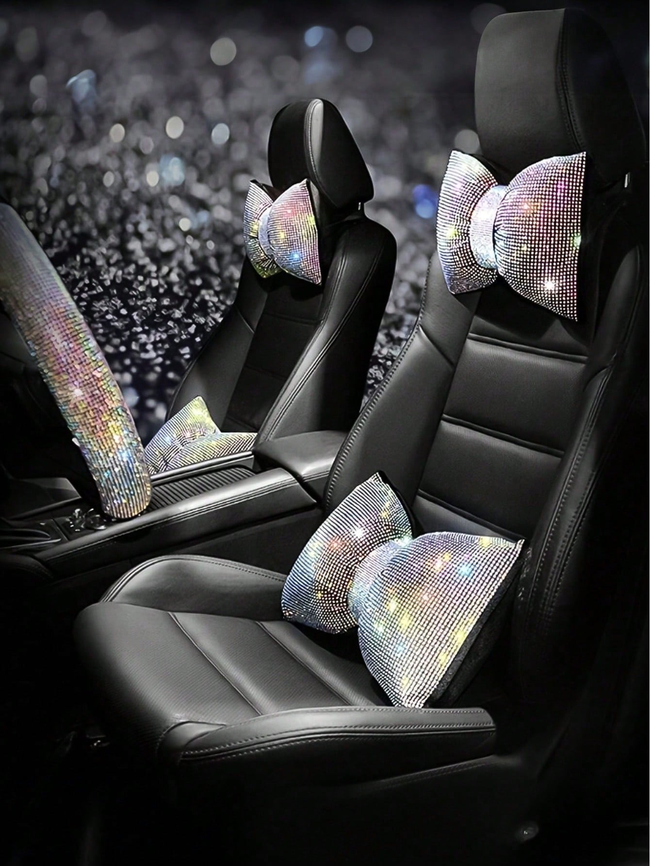 2pcs/Set 1pc Shiny Car Pillow- Car Headrest Bow Neck Support Pillow, Suitable For Drivers, With Rhinestone Bow Neck Support Cushion, Sleep Travel Neck Support Pillow, Suitable Rhinestone Car Interior