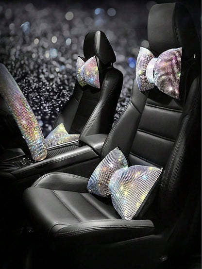 2pcs/Set 1pc Shiny Car Pillow- Car Headrest Bow Neck Support Pillow, Suitable For Drivers, With Rhinestone Bow Neck Support Cushion, Sleep Travel Neck Support Pillow, Suitable Rhinestone Car Interior