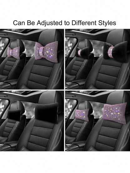 2pcs/Set 1pc Shiny Car Pillow- Car Headrest Bow Neck Support Pillow, Suitable For Drivers, With Rhinestone Bow Neck Support Cushion, Sleep Travel Neck Support Pillow, Suitable Rhinestone Car Interior