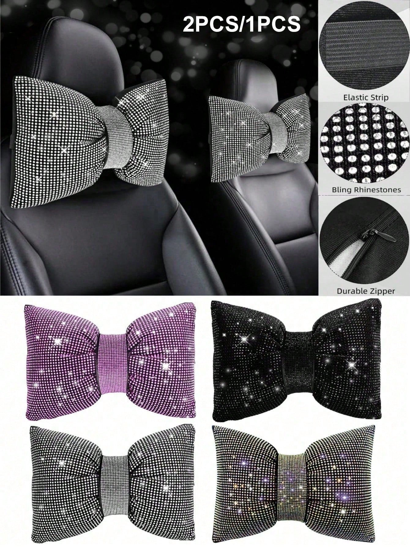 2pcs/Set 1pc Shiny Car Pillow- Car Headrest Bow Neck Support Pillow, Suitable For Drivers, With Rhinestone Bow Neck Support Cushion, Sleep Travel Neck Support Pillow, Suitable Rhinestone Car Interior