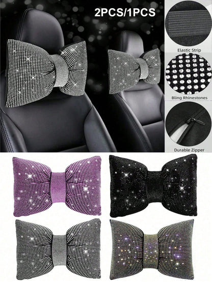 2pcs/Set 1pc Shiny Car Pillow- Car Headrest Bow Neck Support Pillow, Suitable For Drivers, With Rhinestone Bow Neck Support Cushion, Sleep Travel Neck Support Pillow, Suitable Rhinestone Car Interior