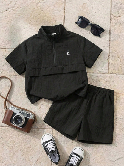 2pcs/Set Baby Boy Casual Korean Style Black Collared Tee And Elastic Waist Shorts Set,Summer Outfit Shirt Boys Short