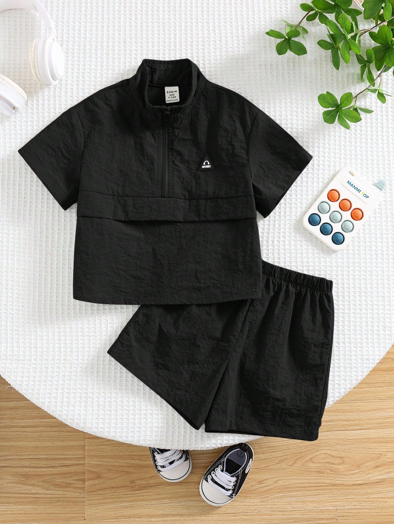 2pcs/Set Baby Boy Casual Korean Style Black Collared Tee And Elastic Waist Shorts Set,Summer Outfit Shirt Boys Short