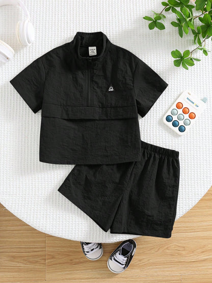 2pcs/Set Baby Boy Casual Korean Style Black Collared Tee And Elastic Waist Shorts Set,Summer Outfit Shirt Boys Short