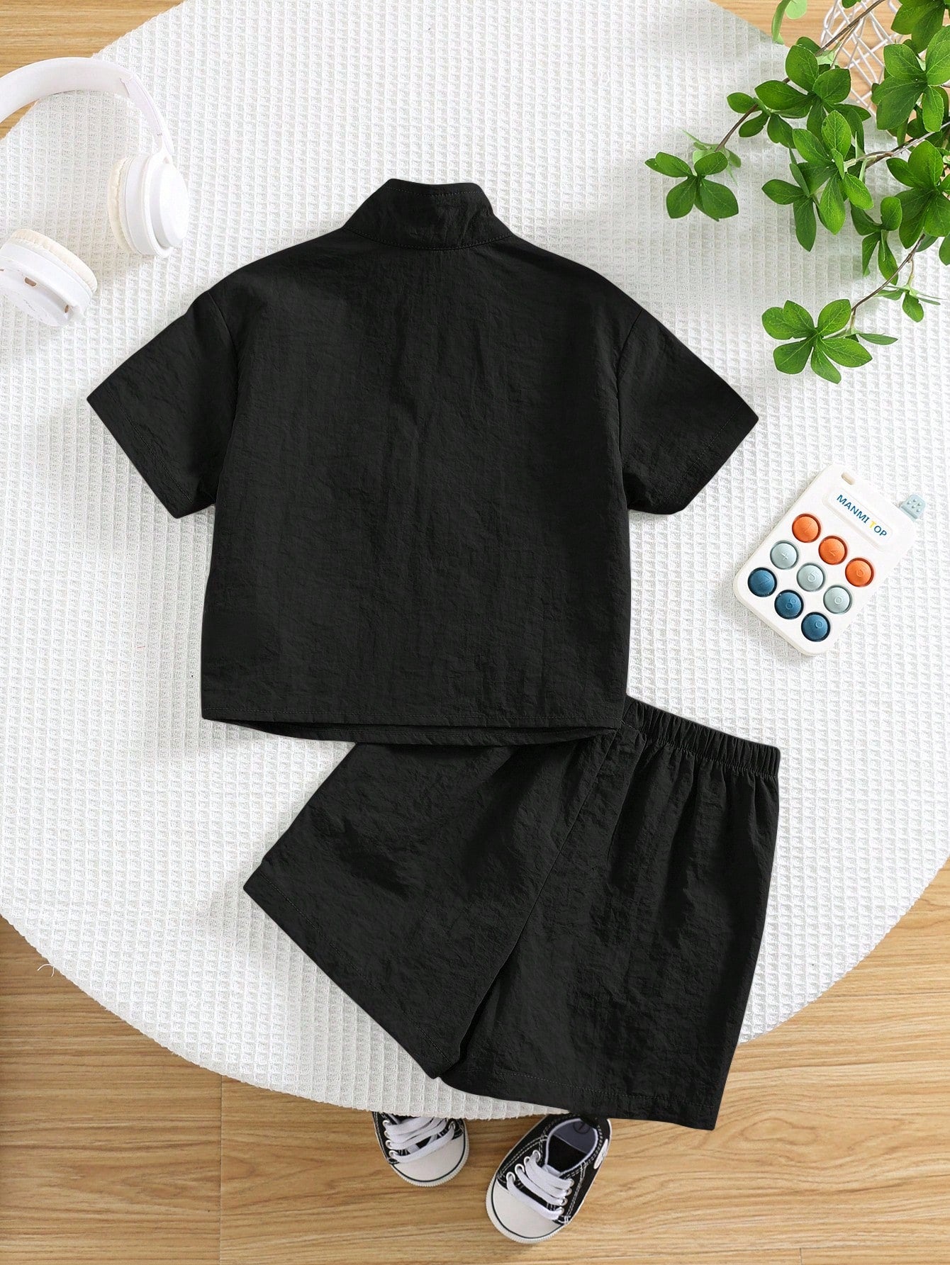 2pcs/Set Baby Boy Casual Korean Style Black Collared Tee And Elastic Waist Shorts Set,Summer Outfit Shirt Boys Short