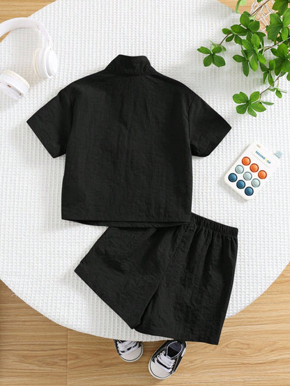 2pcs/Set Baby Boy Casual Korean Style Black Collared Tee And Elastic Waist Shorts Set,Summer Outfit Shirt Boys Short