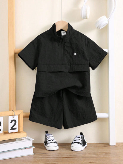 2pcs/Set Baby Boy Casual Korean Style Black Collared Tee And Elastic Waist Shorts Set,Summer Outfit Shirt Boys Short