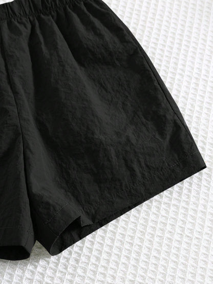 2pcs/Set Baby Boy Casual Korean Style Black Collared Tee And Elastic Waist Shorts Set,Summer Outfit Shirt Boys Short