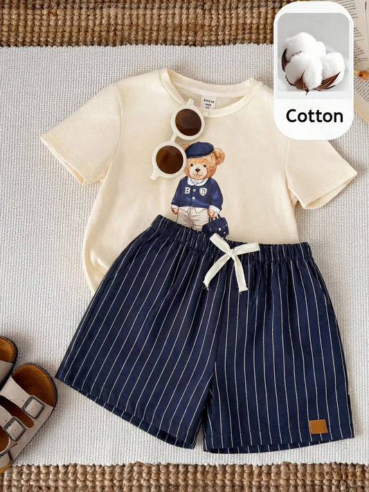 2pcs/Set Baby Boy Cute Casual Summer Knit Bear Print Short Sleeve T-Shirt & Plaid Elastic Waist Shorts Set