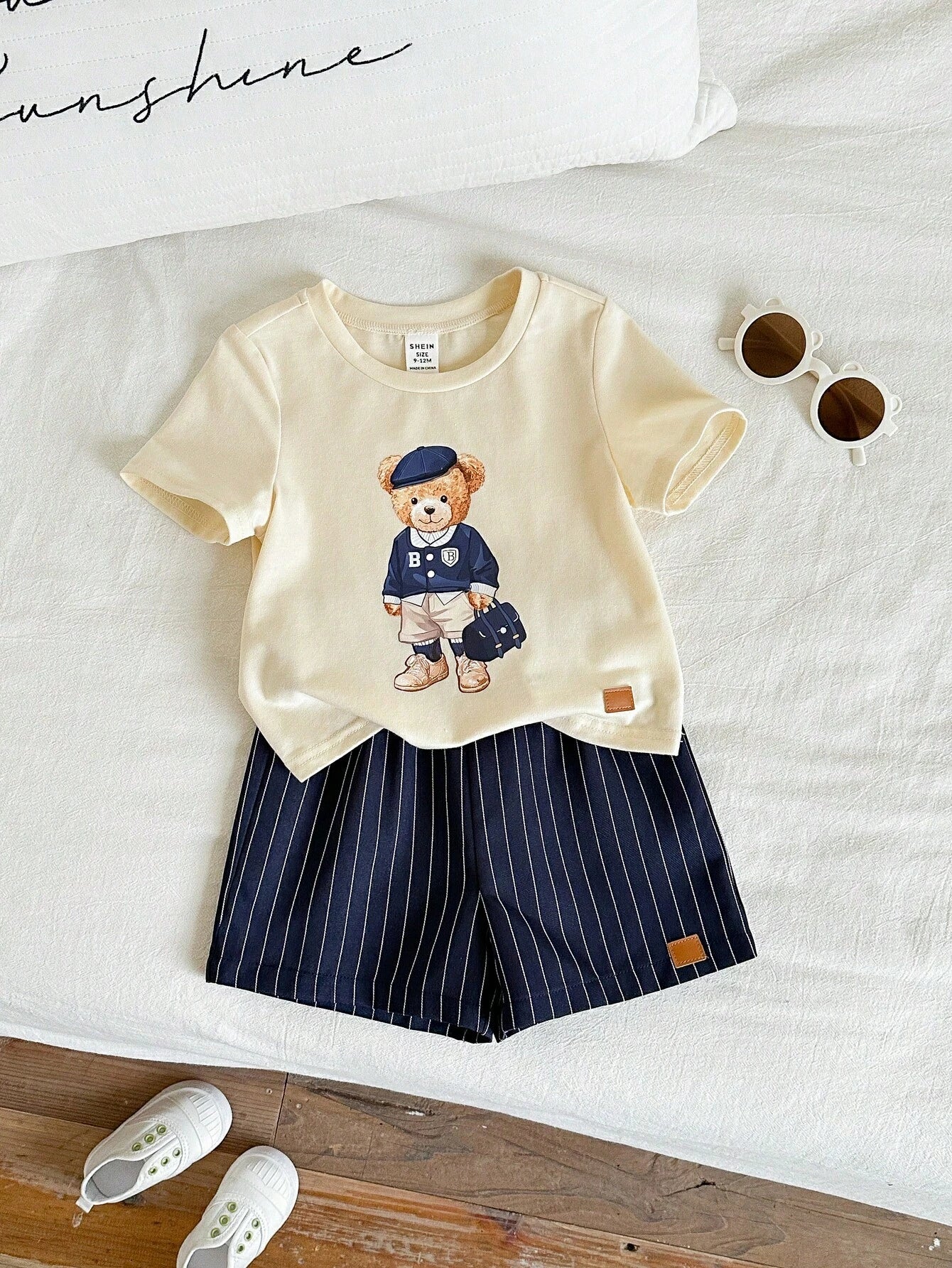 2pcs/Set Baby Boy Cute Casual Summer Knit Bear Print Short Sleeve T-Shirt & Plaid Elastic Waist Shorts Set