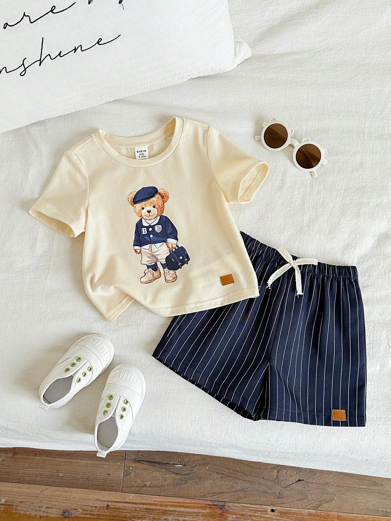 2pcs/Set Baby Boy Cute Casual Summer Knit Bear Print Short Sleeve T-Shirt & Plaid Elastic Waist Shorts Set