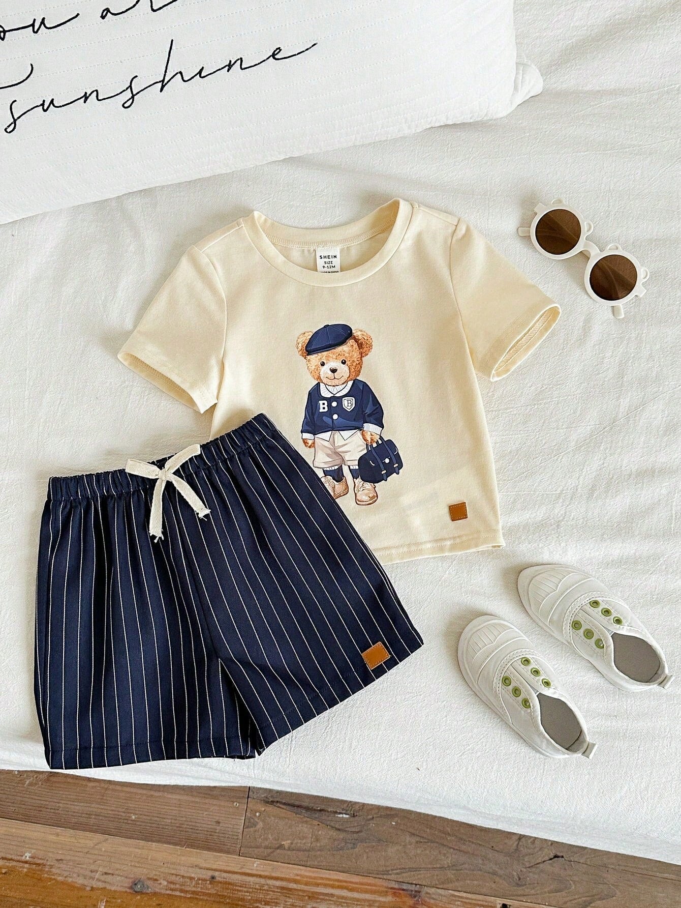 2pcs/Set Baby Boy Cute Casual Summer Knit Bear Print Short Sleeve T-Shirt & Plaid Elastic Waist Shorts Set
