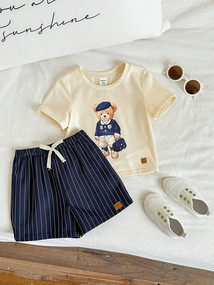 2pcs/Set Baby Boy Cute Casual Summer Knit Bear Print Short Sleeve T-Shirt & Plaid Elastic Waist Shorts Set