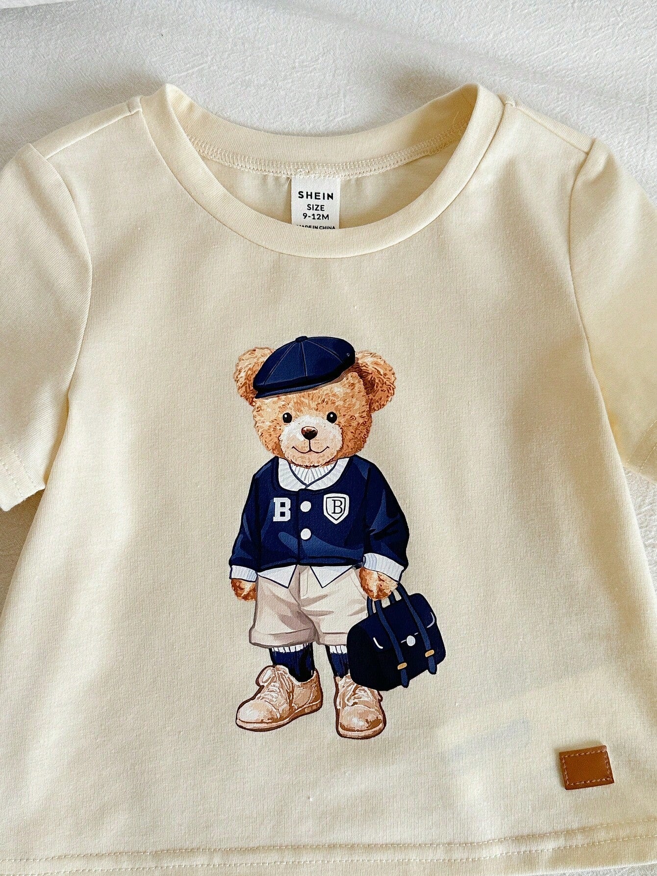 2pcs/Set Baby Boy Cute Casual Summer Knit Bear Print Short Sleeve T-Shirt & Plaid Elastic Waist Shorts Set