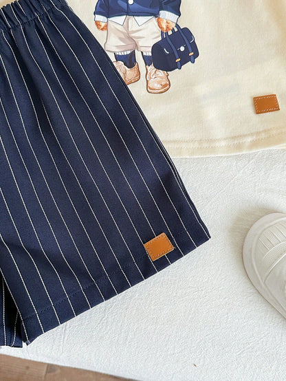 2pcs/Set Baby Boy Cute Casual Summer Knit Bear Print Short Sleeve T-Shirt & Plaid Elastic Waist Shorts Set