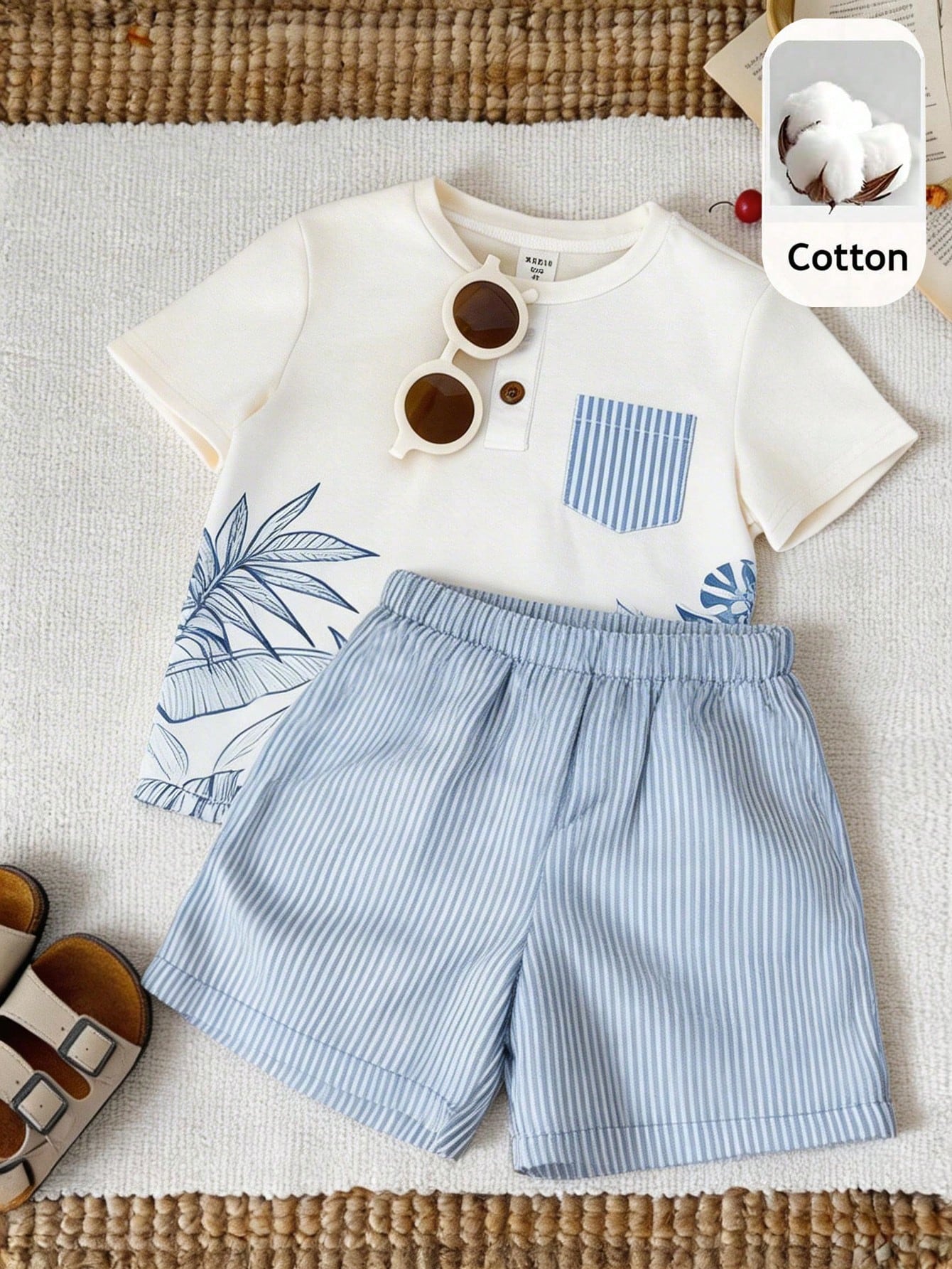 2pcs/Set Baby Boy Cute Casual Summer Knit Bear Print Short Sleeve T-Shirt & Plaid Elastic Waist Shorts Set