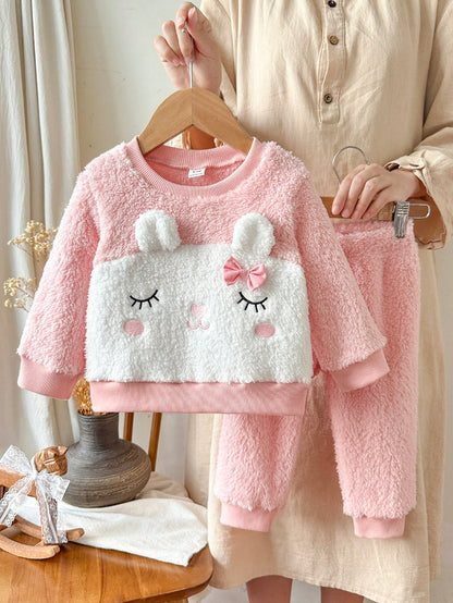 2pcs/Set Baby Girl Autumn/Winter New Plush Digital Fox Pattern Crew Neck Sweatshirt & Polka Dot Print Fitted Long Pants Cute Casual Commute Versatile Winter Outfit