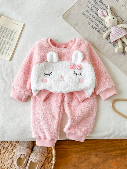2pcs/Set Baby Girl Autumn/Winter New Plush Digital Fox Pattern Crew Neck Sweatshirt & Polka Dot Print Fitted Long Pants Cute Casual Commute Versatile Winter Outfit