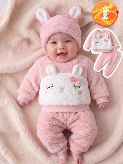 2pcs/Set Baby Girl Autumn/Winter New Plush Digital Fox Pattern Crew Neck Sweatshirt & Polka Dot Print Fitted Long Pants Cute Casual Commute Versatile Winter Outfit