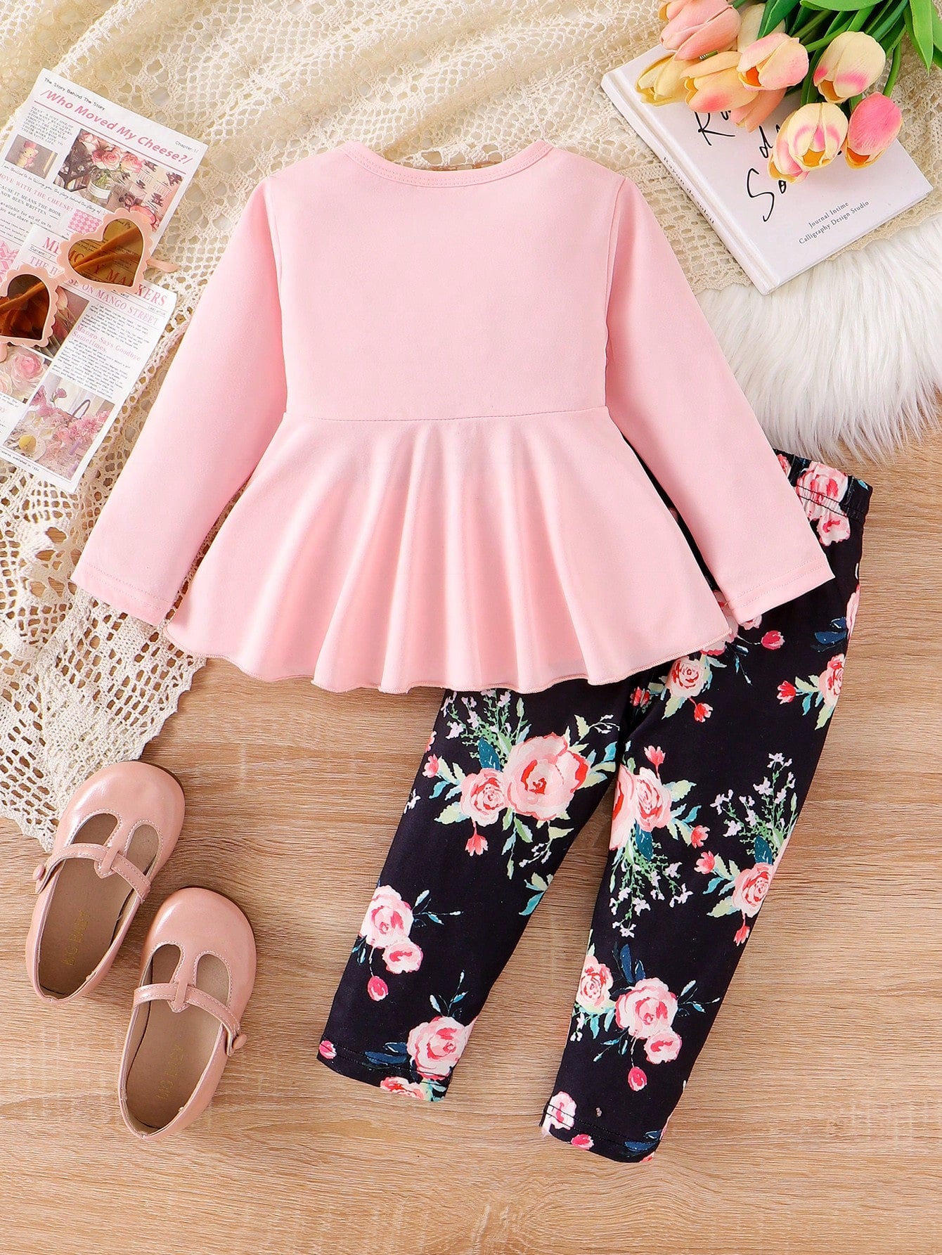 2pcs/Set Baby Girl Round Neck Long Sleeve Big Bow Knit Top & Floral Print Pants Set, Stylish For Autumn Holiday & Casual Wear