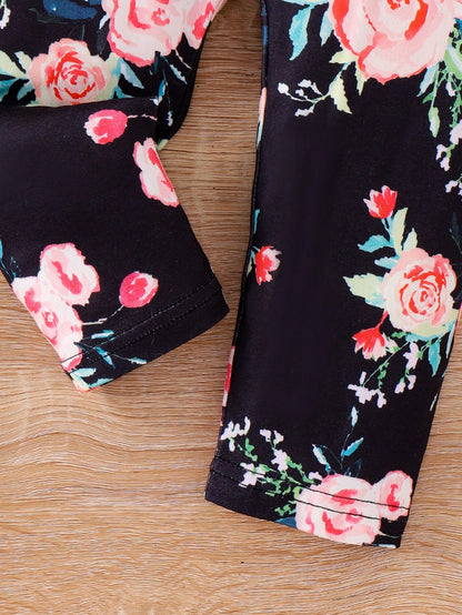 2pcs/Set Baby Girl Round Neck Long Sleeve Big Bow Knit Top & Floral Print Pants Set, Stylish For Autumn Holiday & Casual Wear
