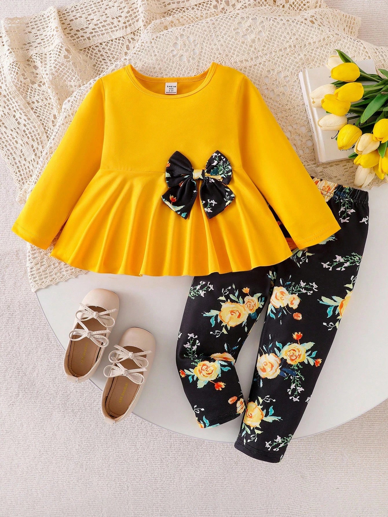 2pcs/Set Baby Girl Round Neck Long Sleeve Big Bow Knit Top & Floral Print Pants Set, Stylish For Autumn Holiday & Casual Wear
