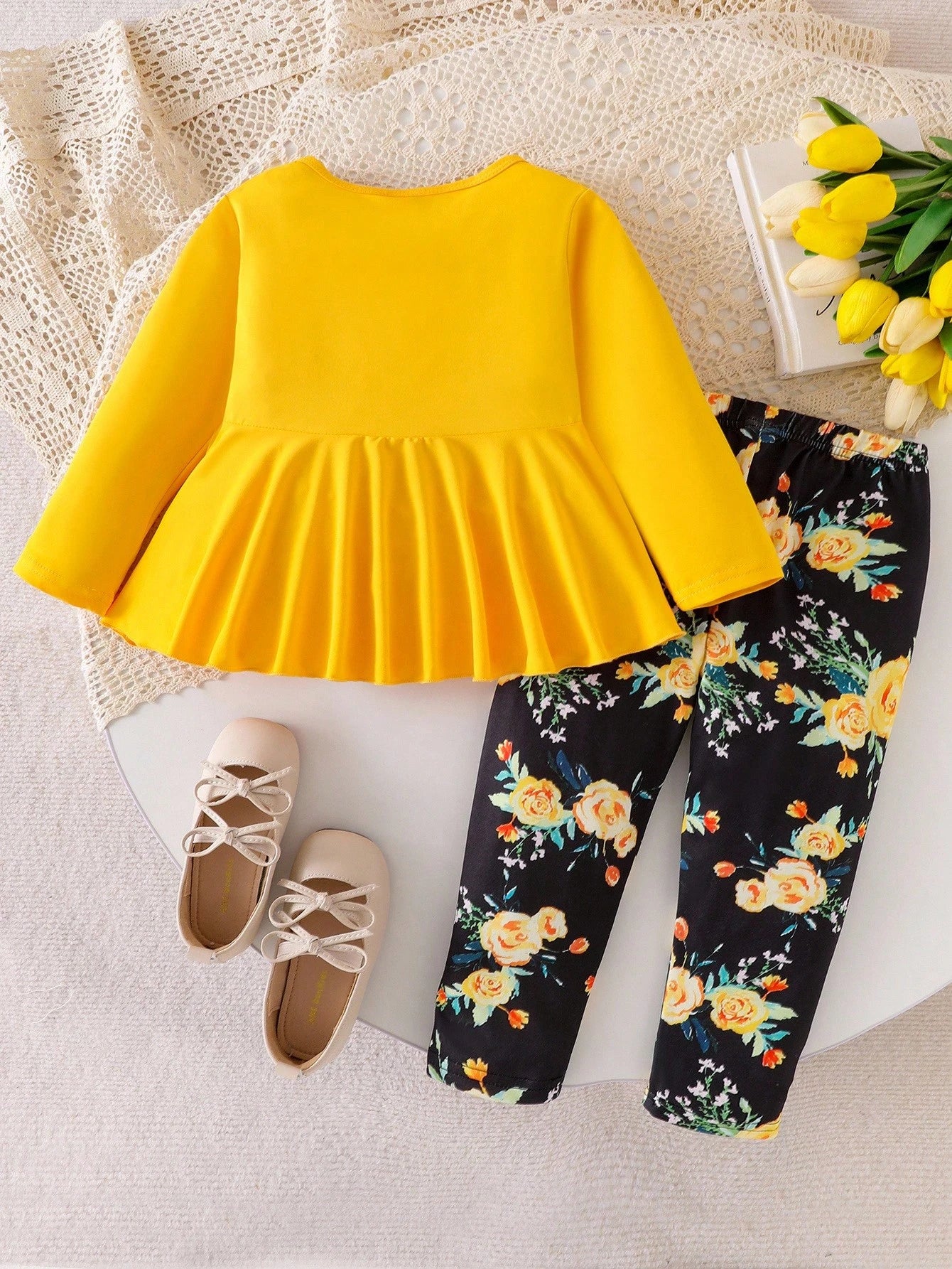 2pcs/Set Baby Girl Round Neck Long Sleeve Big Bow Knit Top & Floral Print Pants Set, Stylish For Autumn Holiday & Casual Wear