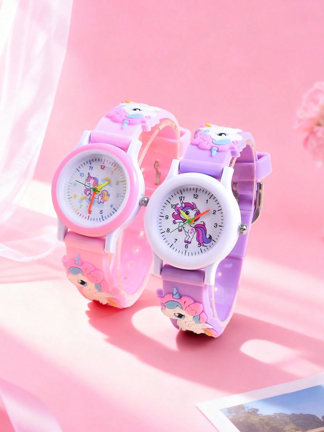 2pcs/Set Girls Cartoon Unicorn 3D Soft Silicone Strap Quartz Watch, Children Creative Animal Pattern Analog Wrist Watch
