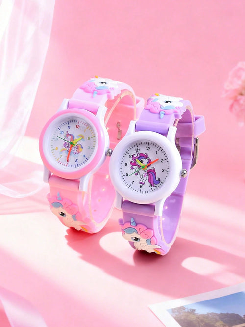 2pcs/Set Girls Cartoon Unicorn 3D Soft Silicone Strap Quartz Watch, Children Creative Animal Pattern Analog Wrist Watch