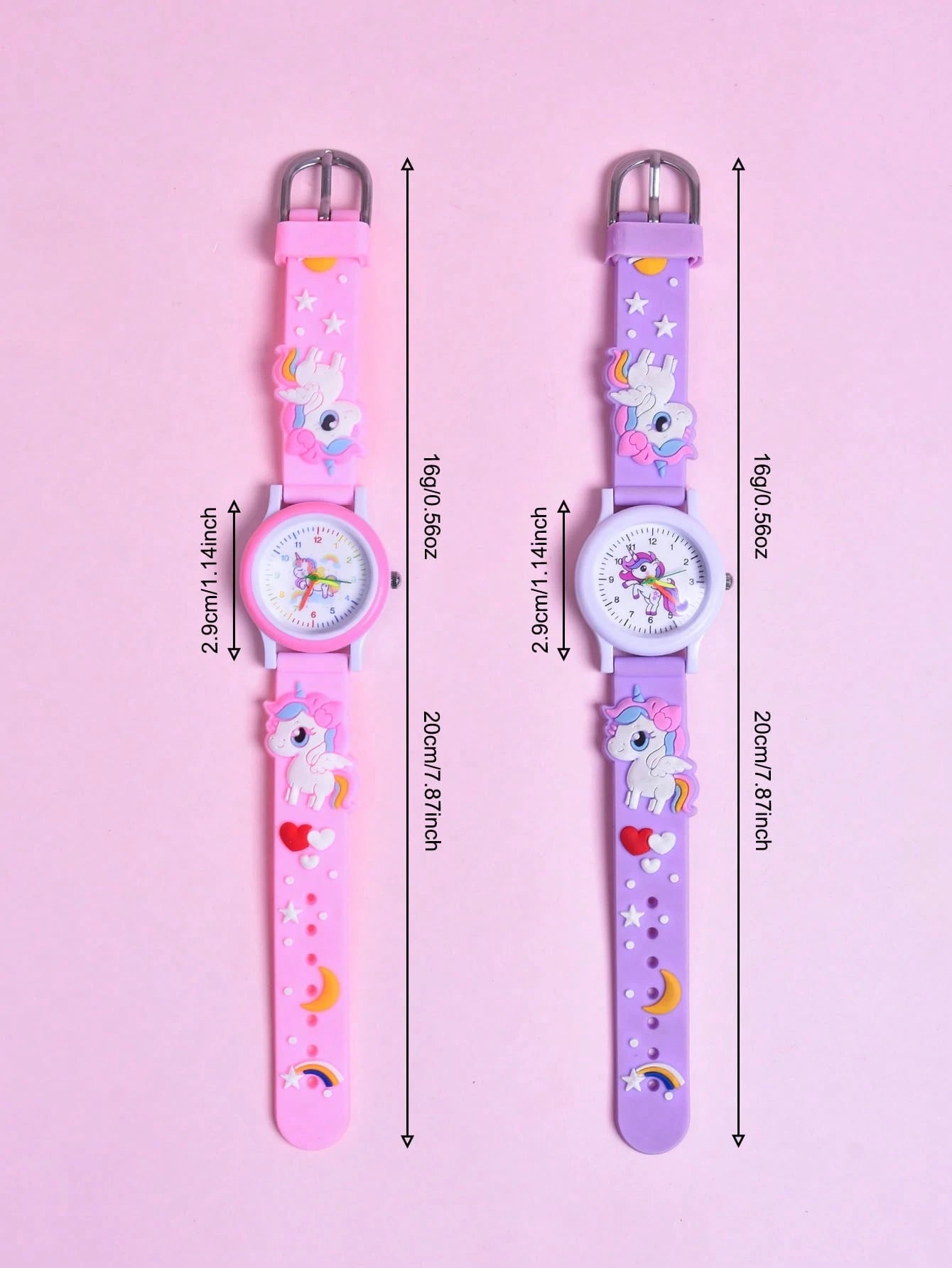 2pcs/Set Girls Cartoon Unicorn 3D Soft Silicone Strap Quartz Watch, Children Creative Animal Pattern Analog Wrist Watch