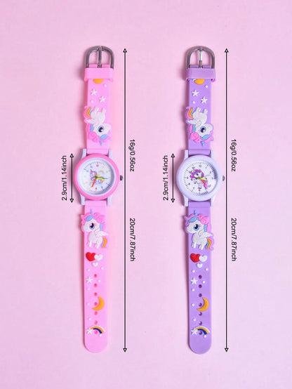 2pcs/Set Girls Cartoon Unicorn 3D Soft Silicone Strap Quartz Watch, Children Creative Animal Pattern Analog Wrist Watch