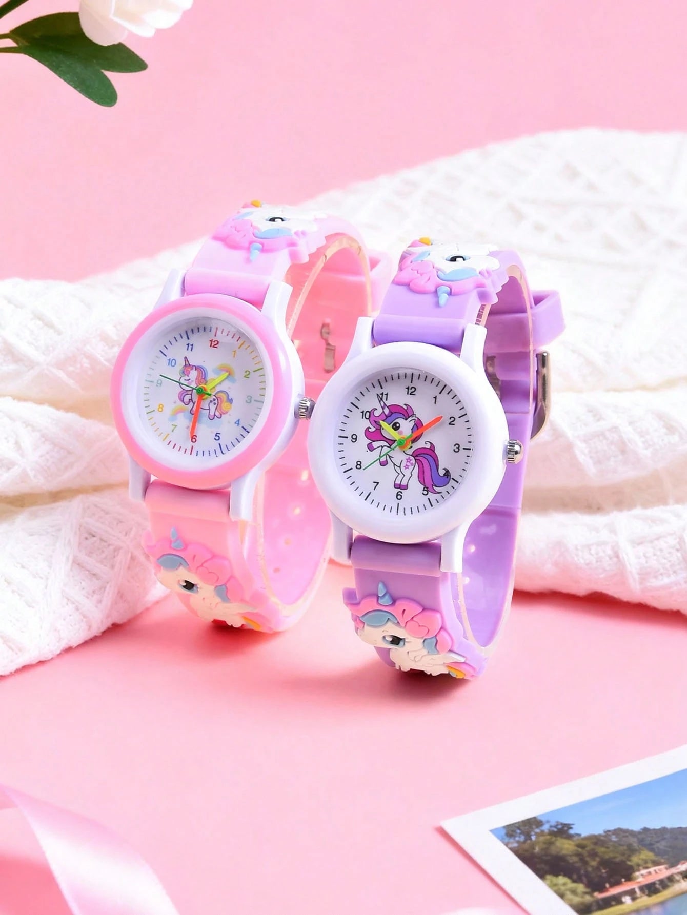 2pcs/Set Girls Cartoon Unicorn 3D Soft Silicone Strap Quartz Watch, Children Creative Animal Pattern Analog Wrist Watch