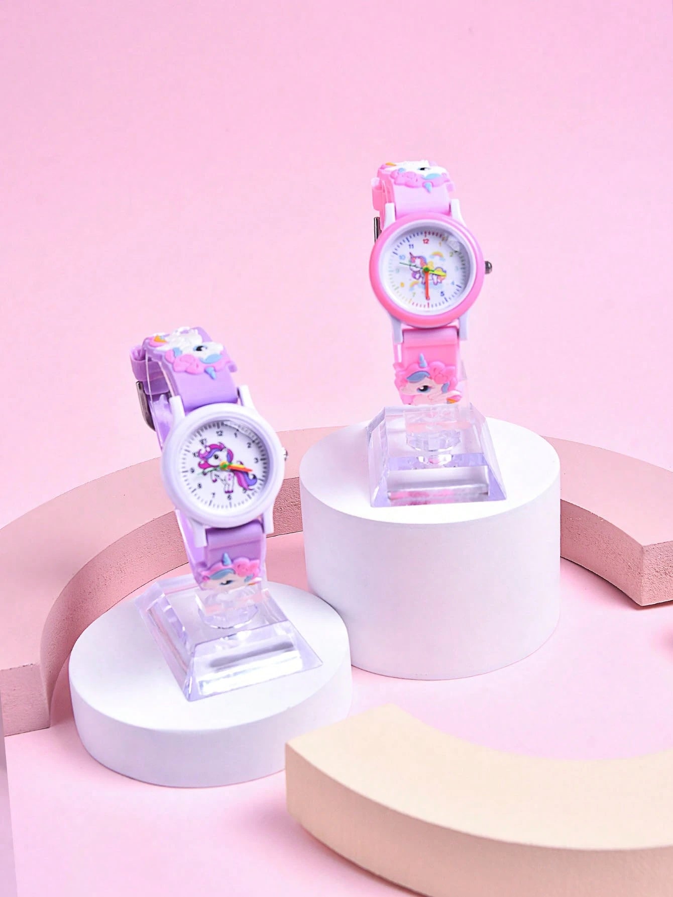 2pcs/Set Girls Cartoon Unicorn 3D Soft Silicone Strap Quartz Watch, Children Creative Animal Pattern Analog Wrist Watch