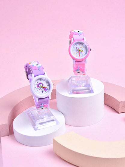2pcs/Set Girls Cartoon Unicorn 3D Soft Silicone Strap Quartz Watch, Children Creative Animal Pattern Analog Wrist Watch
