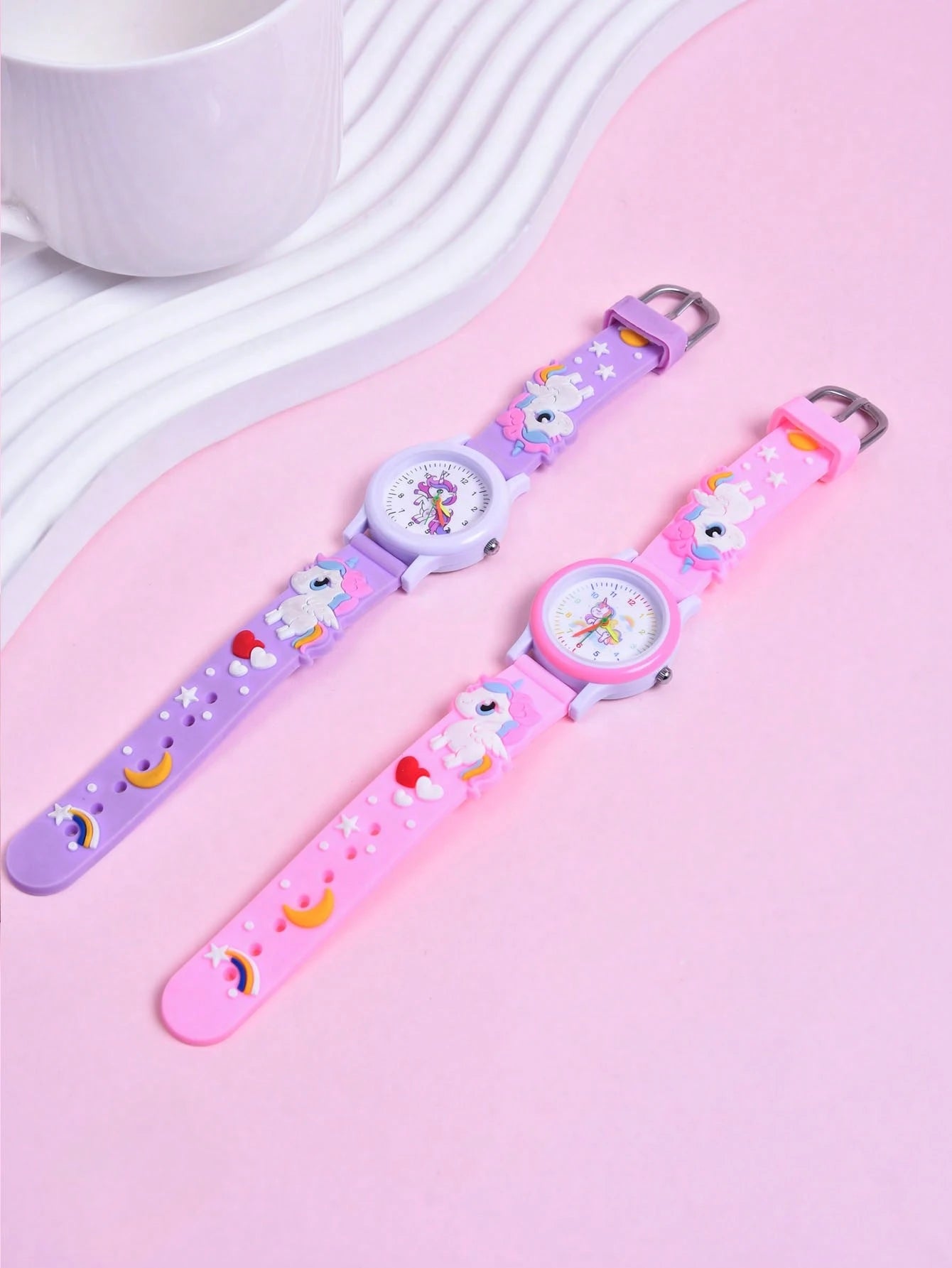 2pcs/Set Girls Cartoon Unicorn 3D Soft Silicone Strap Quartz Watch, Children Creative Animal Pattern Analog Wrist Watch