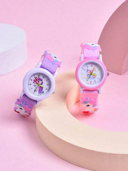 2pcs/Set Girls Cartoon Unicorn 3D Soft Silicone Strap Quartz Watch, Children Creative Animal Pattern Analog Wrist Watch
