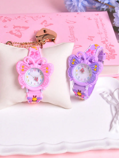 2pcs/Set Girls Cartoon Unicorn 3D Soft Silicone Strap Quartz Watch, Children Creative Animal Pattern Analog Wrist Watch