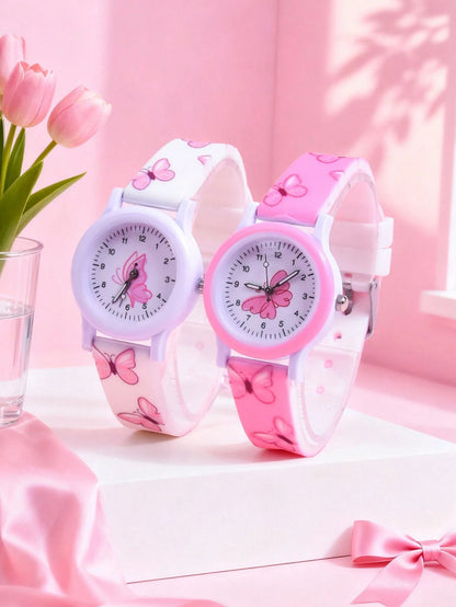 2pcs/Set Girls Cartoon Unicorn 3D Soft Silicone Strap Quartz Watch, Children Creative Animal Pattern Analog Wrist Watch