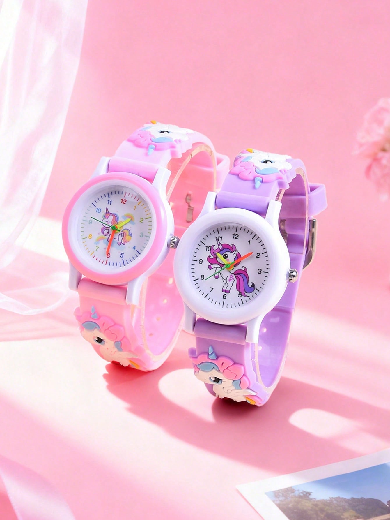 2pcs/Set Girls Cartoon Unicorn 3D Soft Silicone Strap Quartz Watch, Children Creative Animal Pattern Analog Wrist Watch