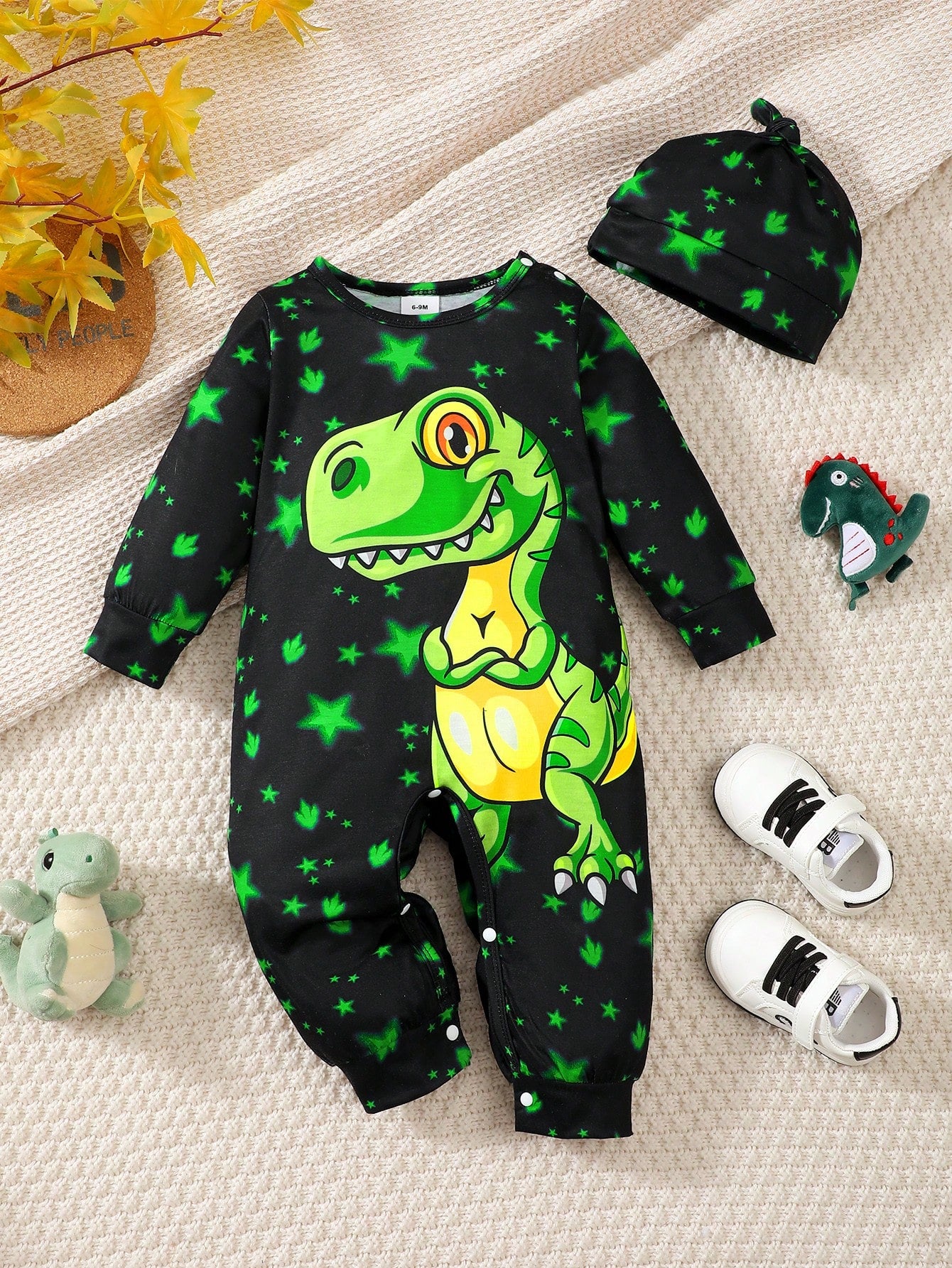 2pcs/Set Infant Toddler Long Sleeve Dinosaur Romper & Hat, Lightweight Soft Outdoor Photography Outfit