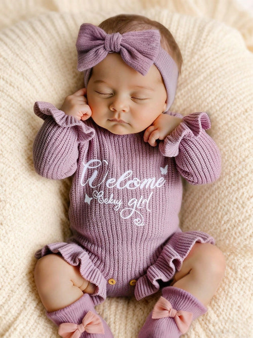 2Pcs Set Knitting Newborn Ruffle Romper With Bow Headband Butterfly "Welcome" Embroidery Newborn Baby Photography Outfits