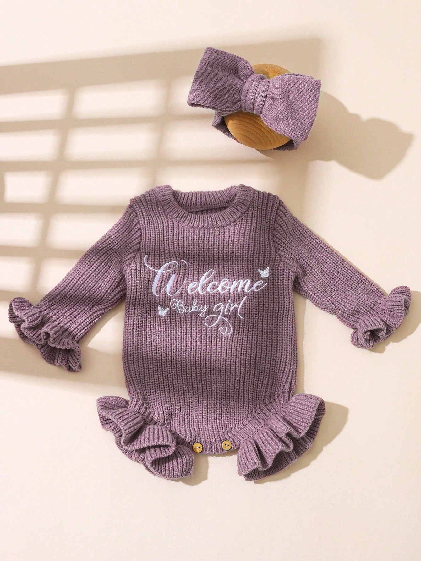 2Pcs Set Knitting Newborn Ruffle Romper With Bow Headband Butterfly "Welcome" Embroidery Newborn Baby Photography Outfits